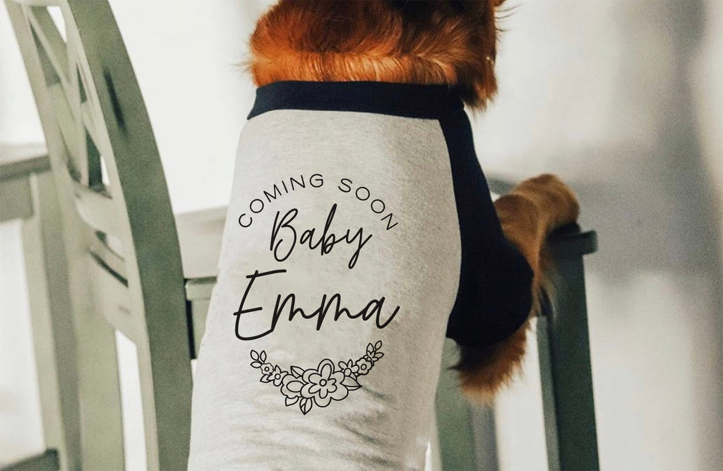 Coming Soon! Baby Name Floral Graphic Dog Shirt in Black and White - Modeled by Miso the Shiba Inu