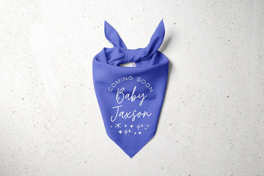 Custom Coming Soon Baby Name Soon to Be Big Sister Big Brother Birth Announcement Glitter Dog Bandana Scarf in Royal Cobalt Blue