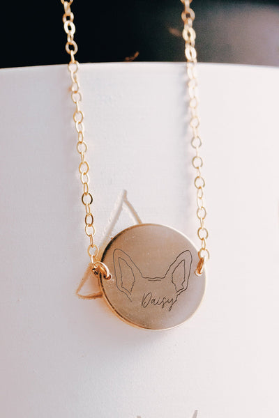 Custom Dog or Cat Ears Outline Tattoo Inspired Modern Minimalist Necklace - 16MM Gold Circle Pendant