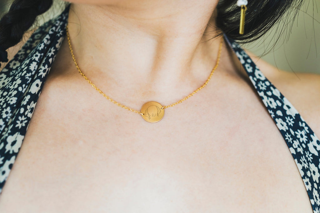 Custom Dog or Cat Ears Outline Tattoo Inspired Modern Minimalist Necklace - 16MM Circle Pendant in Gold