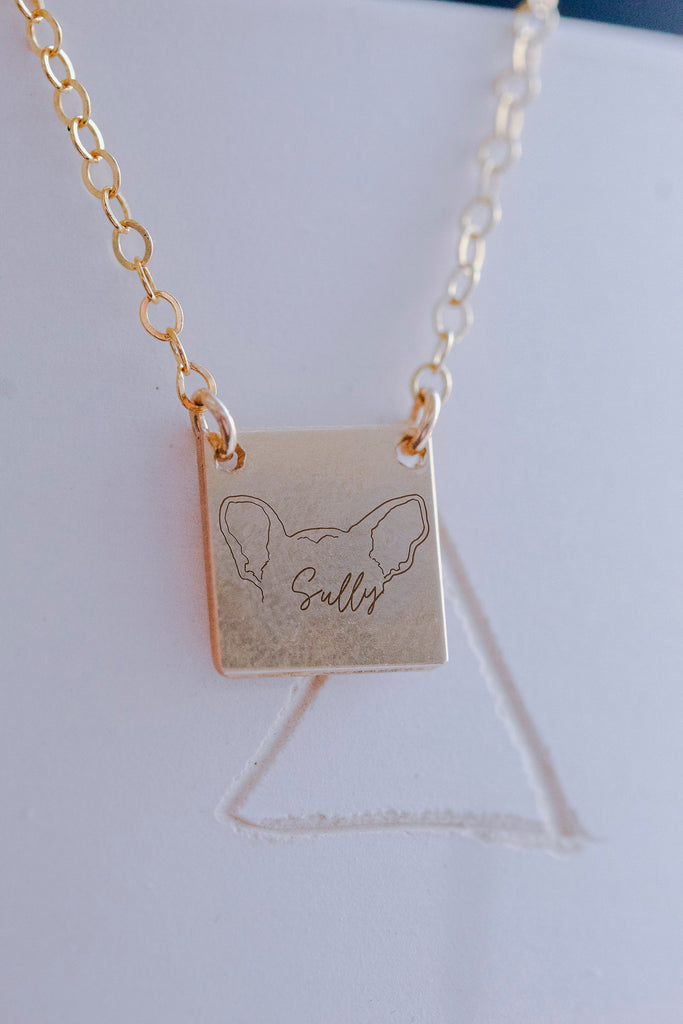 Custom Dog or Cat Ears Outline Tattoo Inspired Modern Minimalist Necklace - 13MM Gold Square Pendant