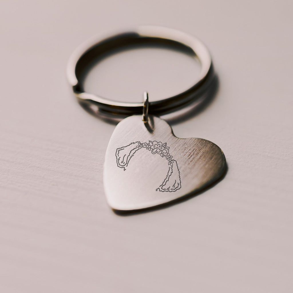 Custom Dog Ears or Cat Ears or Other Pet's Ears Outline Modern Heart Clip Keychain - Sterling Silver Keyring