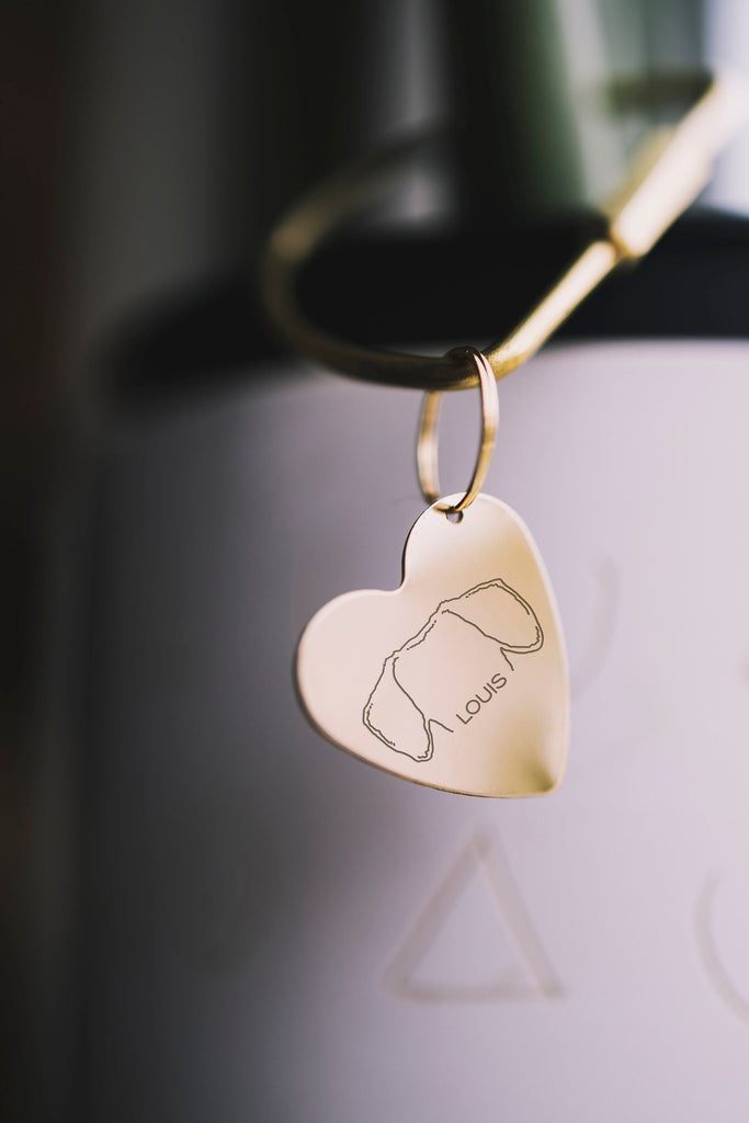 Custom Dog Ears or Cat Ears or Other Pet's Ears Outline Minimalist Heart Keychain - 28 MM Gold Filled Heart Shown