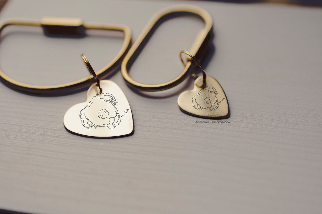 Custom Full Head Dog Ears or Cat Ears or Other Pet's Ears Outline Tattoo Inspired Heart Keychain - Gold Filled Keyring