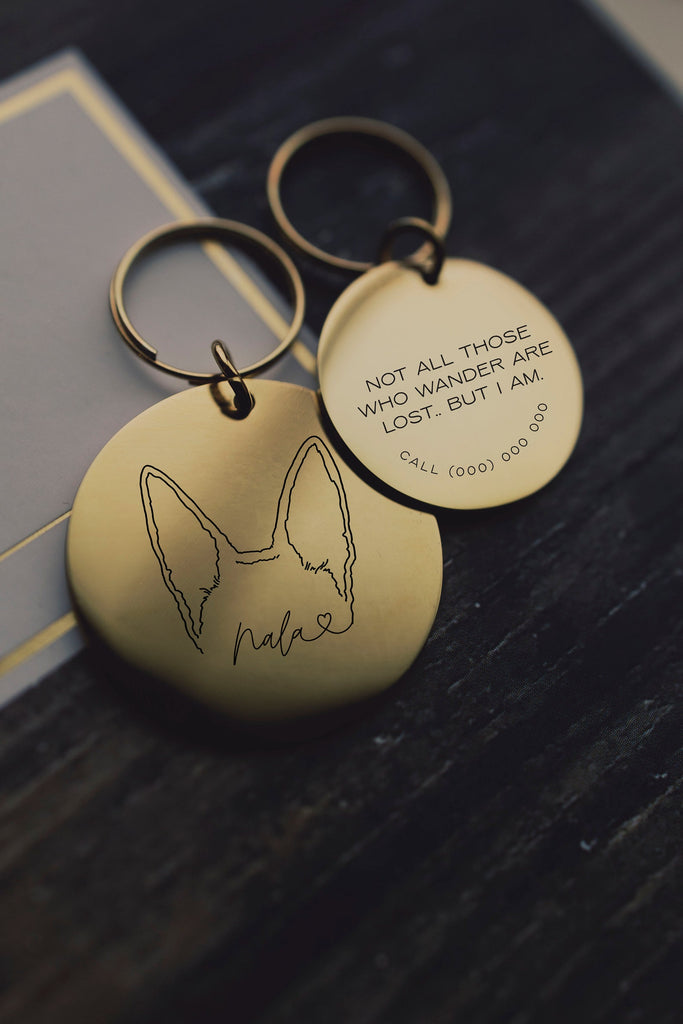 Custom Dog or Cat Ears or Other Pet's Ears Stainless Steel Silver or Gold ID Tag for Dogs and Cats - Gold Finished Circle Tags Shown