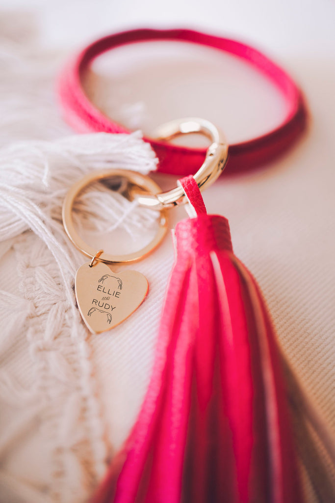 Personalized Multiple Dog Ears or Cat Ears or Other Pet's Ears Leather Bangle Keychain Bracelet - Hot Pink Tassel