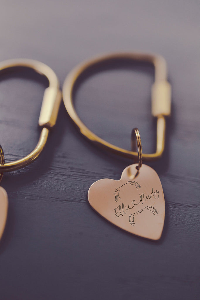 Personalized Multiple Dog Ears or Cat Ears or Other Pet's Ears Outline Mod Heart Keychain - Gold Filled Keyring