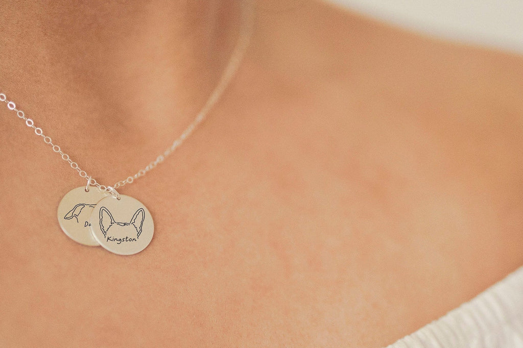 Custom Pet Ears Dog, Cat, Etc. Multiple or Single Pendant Laser Engraved Necklace - Two 16MM Sterling Silver Circular Pendants with Frenchie Ears and Names