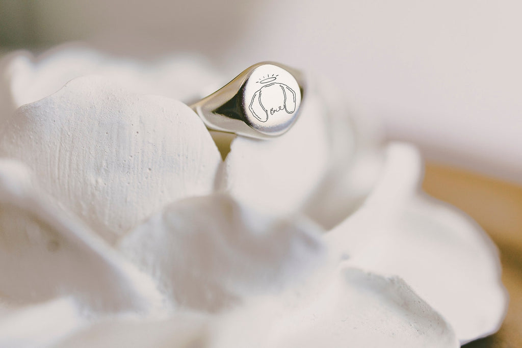 Personalized Dog or Cat Ears Outline Tattoo Sterling Silver Signet Ring