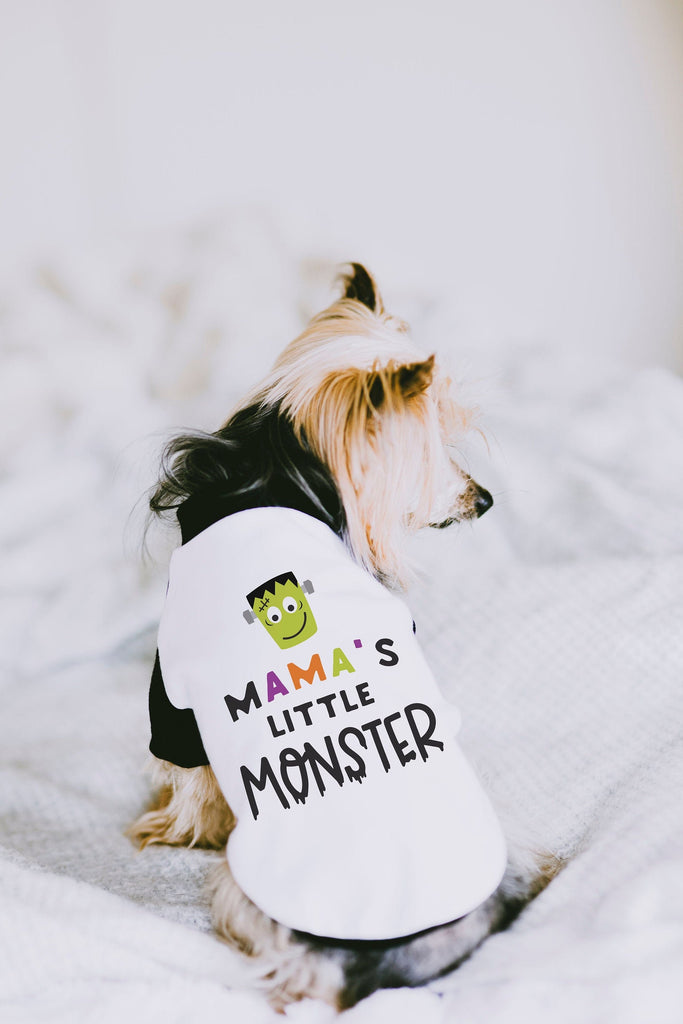 Mama's Little Monster Halloween Dog Raglan Shirt in Black and White