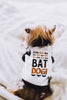 Bat Dog Raglan Halloween T-Shirt in Black and White Modeled by Nutmeg the Yorkshire Terrier