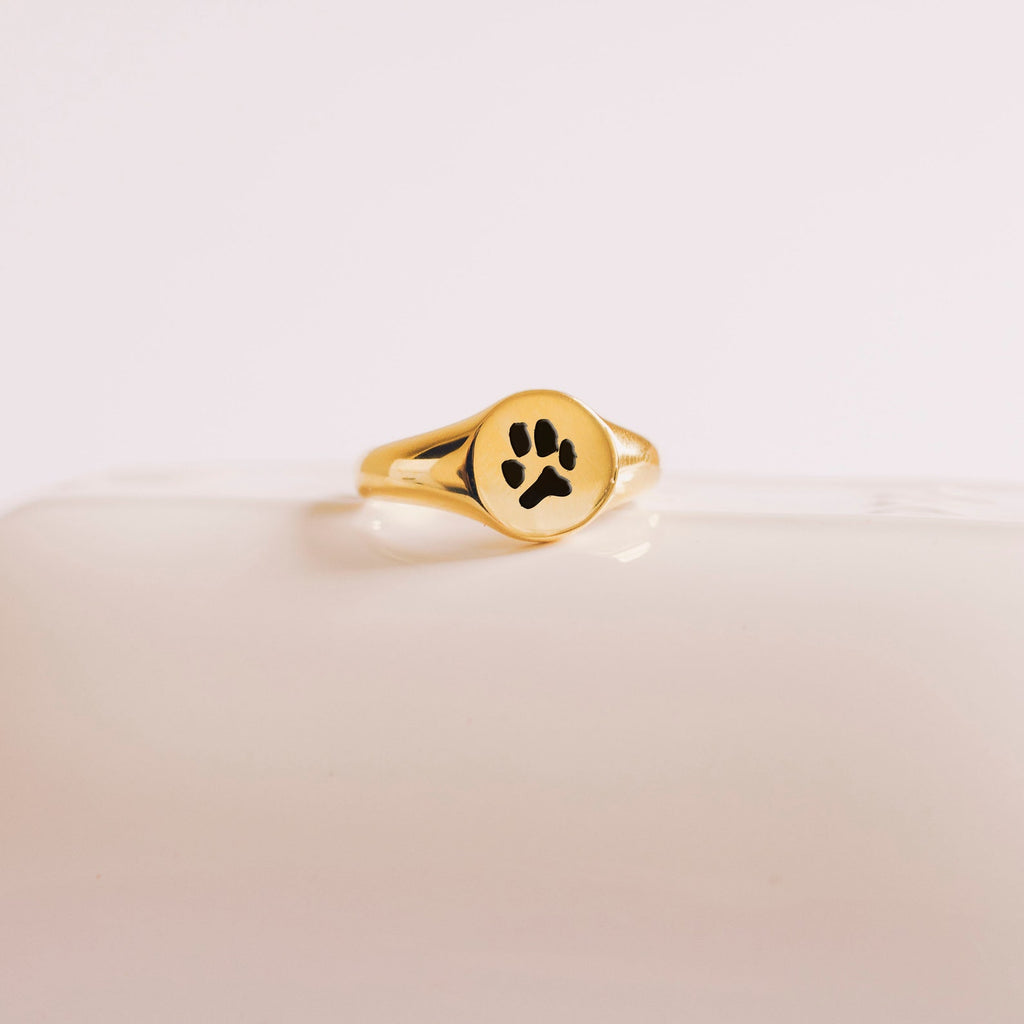 Custom Paw Print Outline Tattoo Sterling Silver or Solid Gold or Gold Plated Unisex Signet Ring - Gold Plated