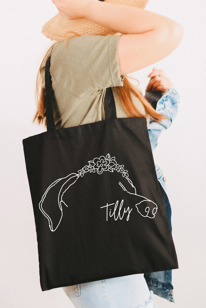 Custom Full Head Dog, Cat, or Other Pet's Ears Outline Tattoo Inspired Dog Mom Tote - In Black with flower crown customization