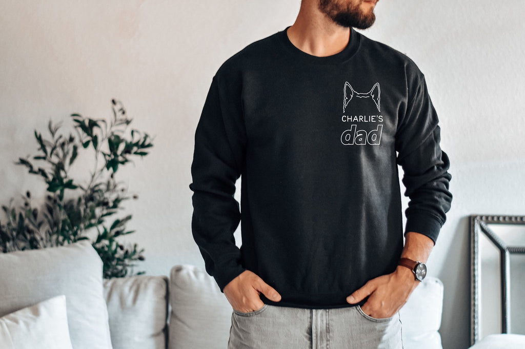 Barkley & Wagz - Personalized Pocket Dog Dad, Cat Dad, or Other Pet's Ears Outline Tattoo Inspired Crew Neck Unisex Sweatshirt in Black - Customized with "Charlie's Dad" and personalized dog ears