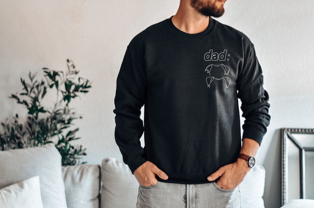 Custom From Photo Dog Dad, Cat Dad, or Other Pet's Ears Personalized Crew Neck Unisex Sweatshirt Hoodie from Bella + Canvas in Black - Dad: with two dog ears stacked on top of each other