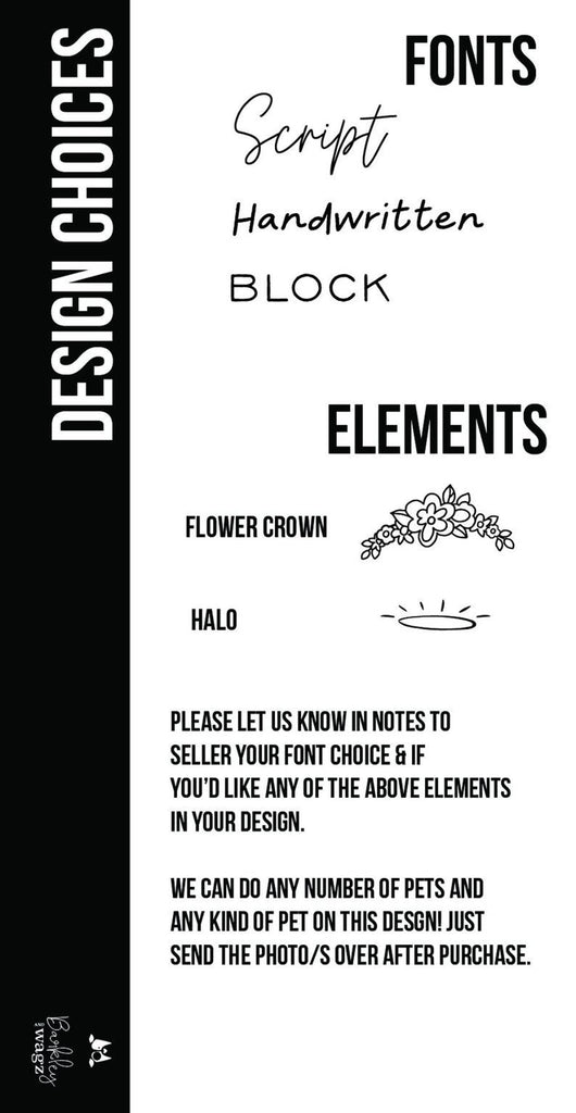 Barkley & Wagz: Design Choices - Fonts: Script, Handwritten, Block | Elements: Flower Crown or Halo