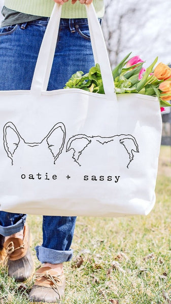 Custom Multiple Dog, Cat, or Other Pet's Ears Outline Typewriter Font Dog Mom Tote