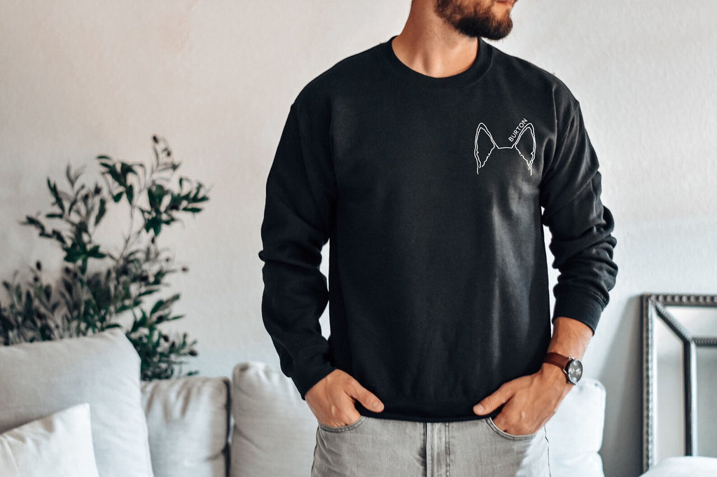 Custom From Photo Pocket Dog Dad, Cat Dad, or Other Pet's Ears Outline Tattoo Inspired Crew Neck Unisex Sweatshirt in Black
