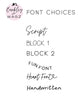 Barkley & Wagz - Font Choices - Script, Block, Block 2, Fun Font, Heart Font, and Handwritten