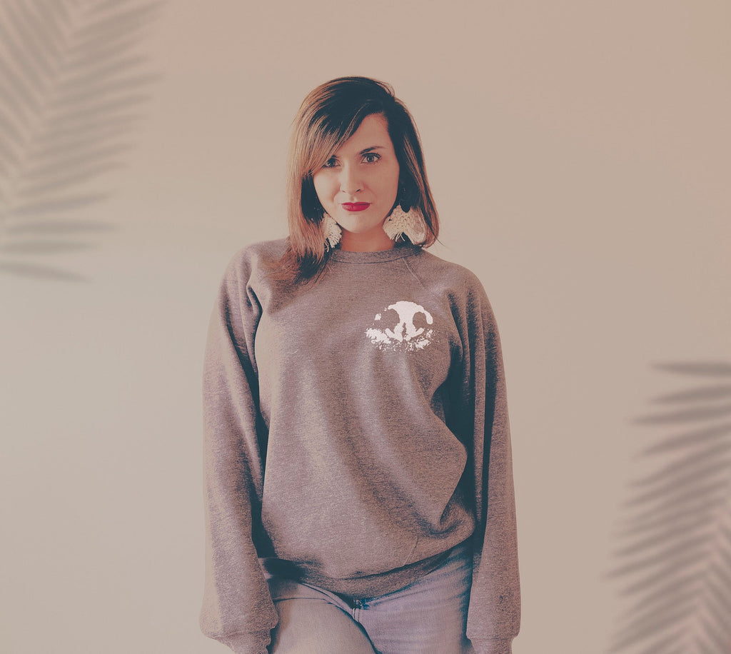Custom Sleeve Dog or Cat Ears In Your Heart, I'll Always Be Memorial Paw Print Outline Tattoo Inspired Pocket Crew Neck Sweatshirt in Light Grey