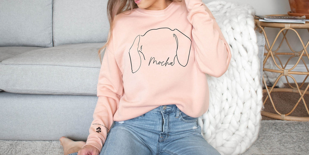 Custom Sleeve Dog or Cat Ears In Your Heart, I'll Always Be Memorial Paw Print Outline Tattoo Inspired Pocket Crew Neck Sweatshirt in Peach