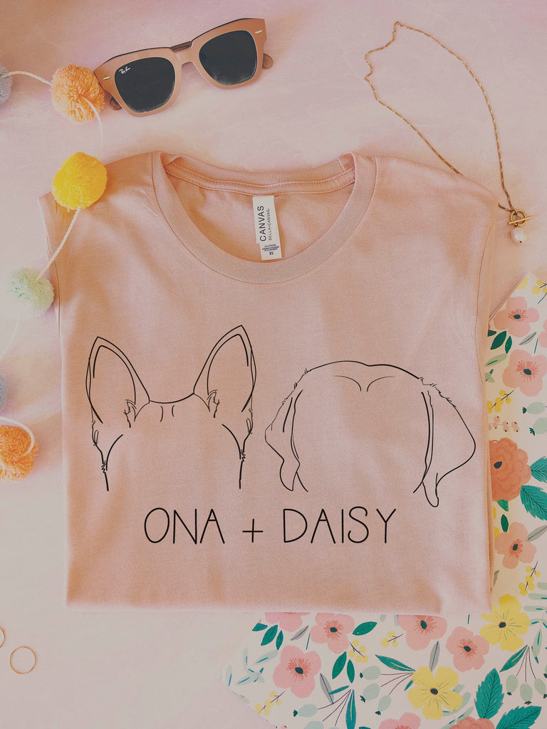 Personalized Multiple Dog, Cat, or Other Pet's Ears Outline Tattoo Inspired T-Shirt in Peach