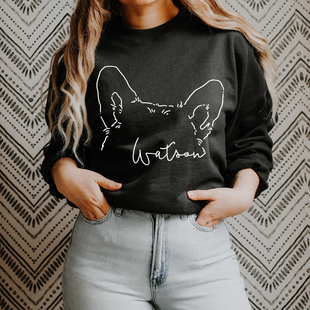 Custom Sleeve Dog or Cat Ears In Your Heart, I'll Always Be Memorial Paw Print Outline Tattoo Inspired Pocket Crew Neck Sweatshirt in Black