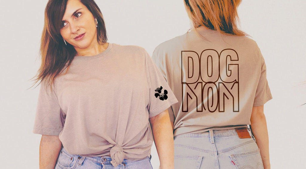 Personalized t-shirt with dog mom printed on the back and paw print printed on the front sleeve