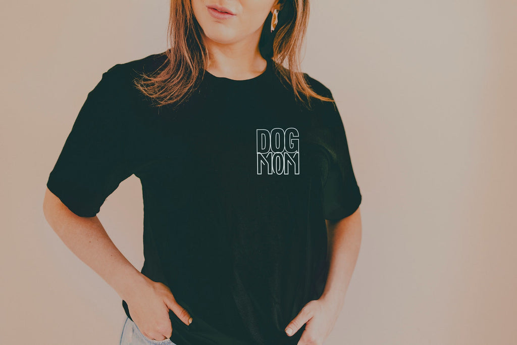 Barkley & Wagz dog mom t-shirt with the wording printed on the pocket.  The shirt is black.