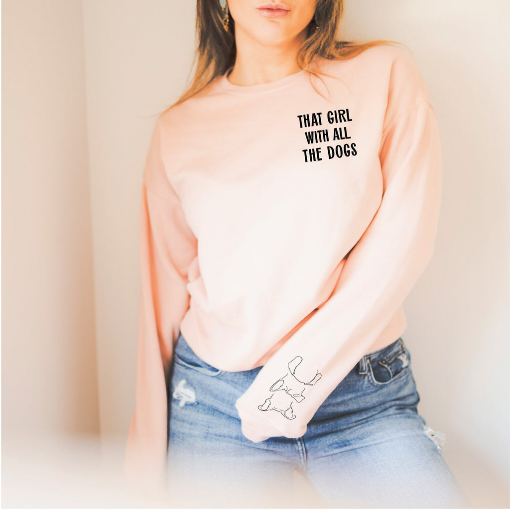 That Girl With All The Dogs Custom Dog Ears Outline Tattoo Inspired Crew Neck Premium Super Soft Unisex Sweatshirt or Hoodie - Peach Crewneck