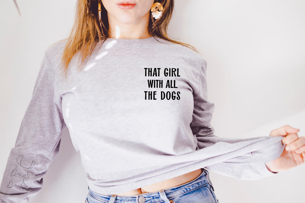 Long Sleeve That Girl With All The Dogs Custom Multiple Dog Ears Outline Tattoo Inspired Unisex T-Shirt in Light Grey Heather