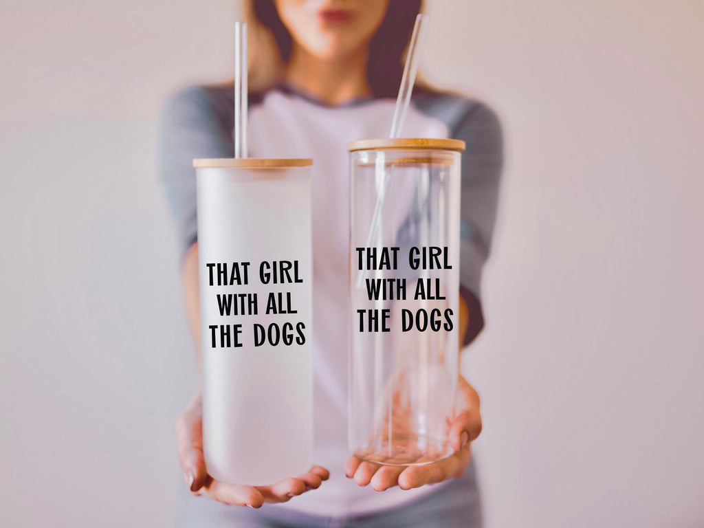 That Girl With All The Dogs 16 oz or 20 Oz Frosted Beer Can Cup With or Without Lid Customized Iced Coffee Cup For Dog Mom Dog Mama Dog Parents