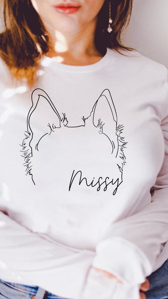 Custom Long Sleeve Unisex T-Shirt Dog Cat, or Other Pet's Ears - In White