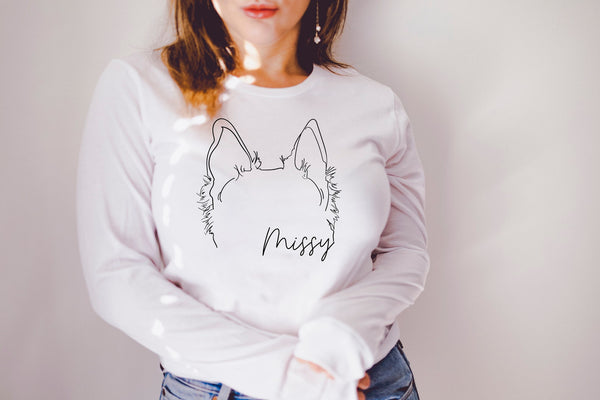 Custom Long Sleeve Unisex T-Shirt Dog Cat, or Other Pet's Ears - In White