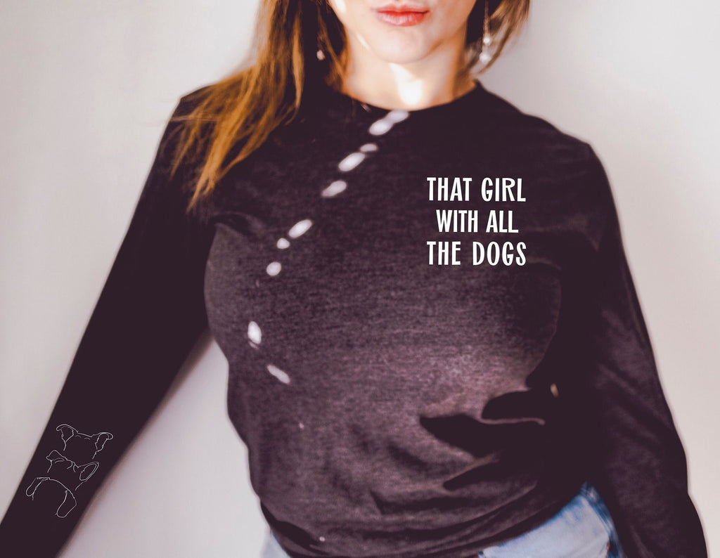 Long Sleeve That Girl With All The Dogs Custom Multiple Dog Ears Outline Tattoo Inspired Unisex T-Shirt - Dark Grey Heather