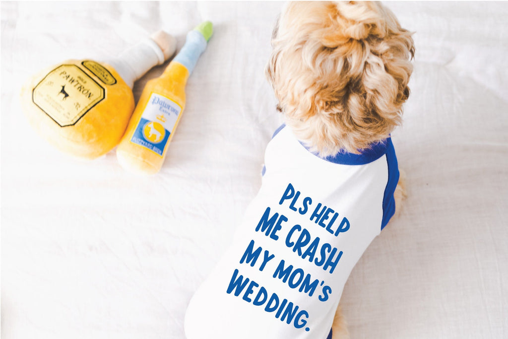 Pls Help Me Crash My Mom's Wedding Announcement Dog Shirt in Blue and White