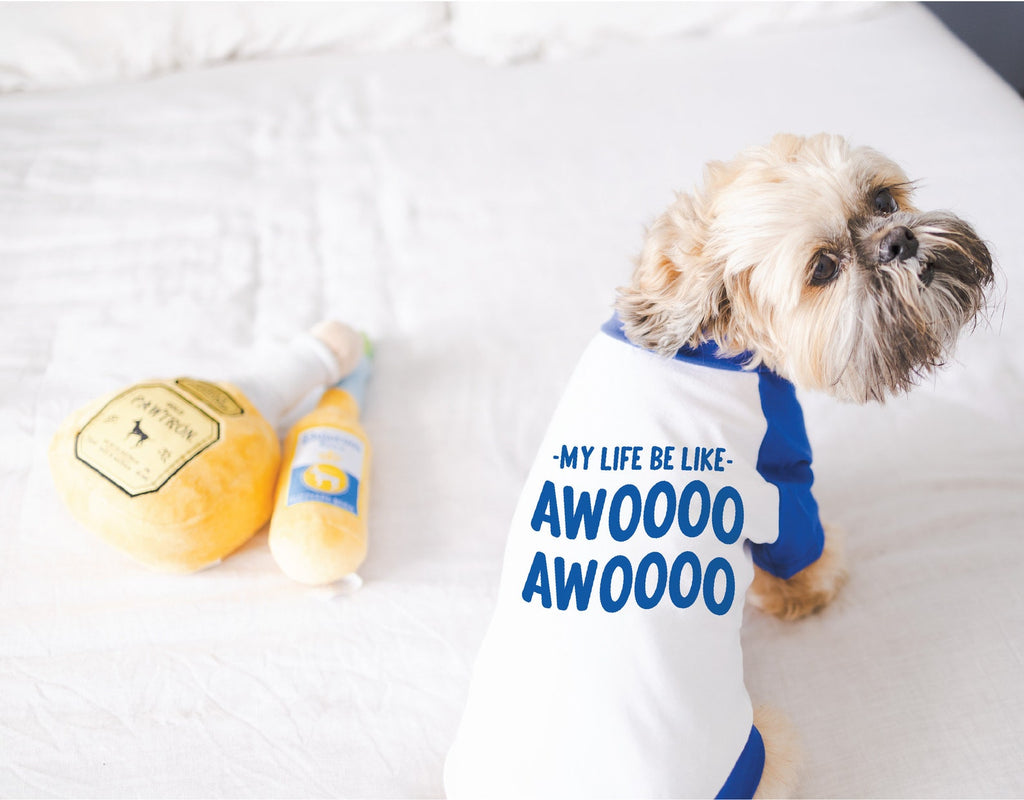 Custom My Life Be Like Awoooo Awoooo Dog Raglan T-Shirt in Blue and White