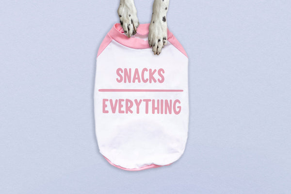 Custom Snacks Over Everything Dog Raglan T-Shirt in Pink and White