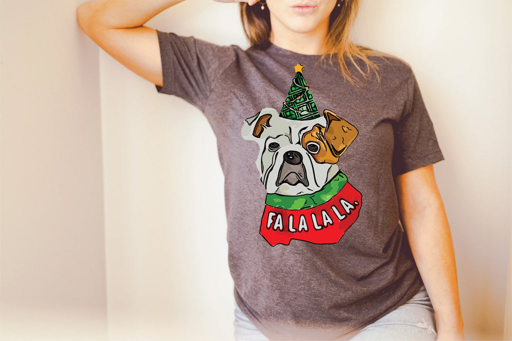 English Bulldog Fa La La. Long Sleeve or Short Sleeve Unisex Christmas T-Shirt