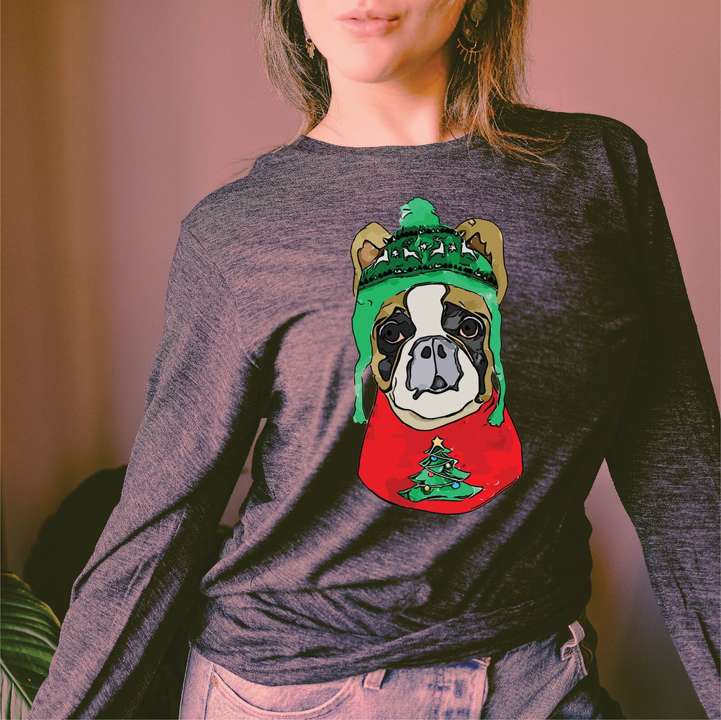 Frenchie French Bulldog Long Sleeve or Short Sleeve Unisex Festive Christmas T-Shirt