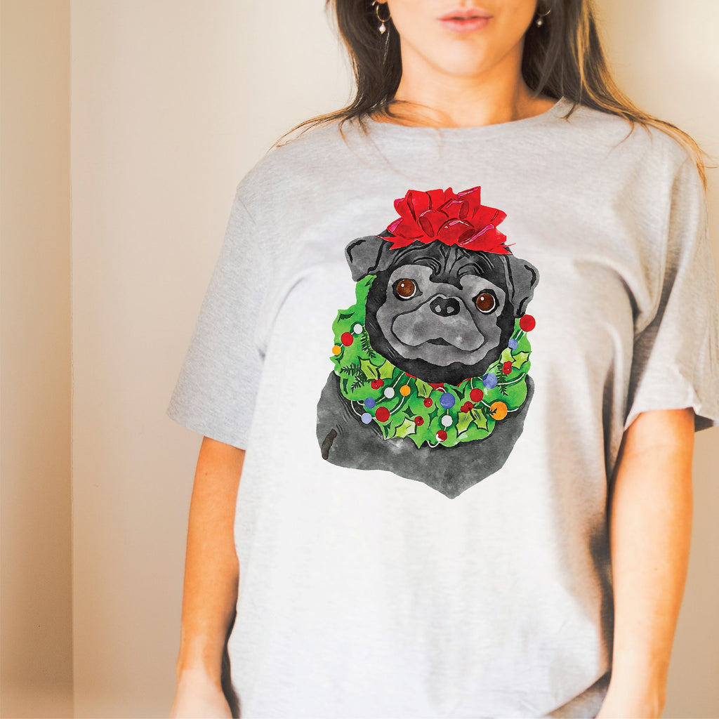 Black or Brown Pug Long Sleeve or Short Sleeve Unisex Christmas T-Shirt