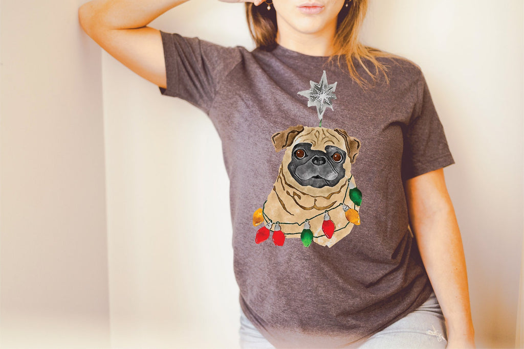 Black or Brown Pug Star Long Sleeve or Short Sleeve Unisex Christmas T-Shirt