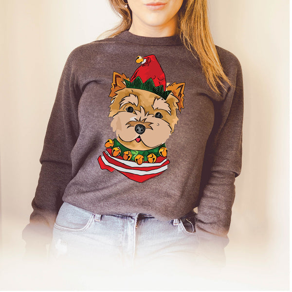 Yorkie Yorkshire Terrier Elf Christmas Crewneck Sweatshirt or Hoodie