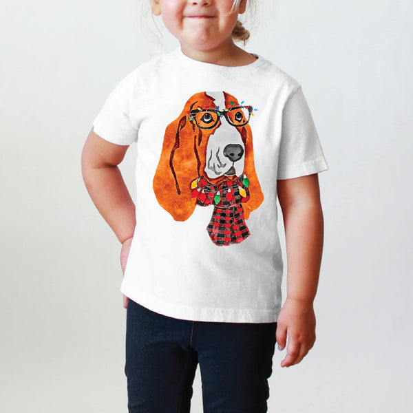 INFANT, TODDLER, or YOUTH Basset Hound Festive Christmas T-Shirt