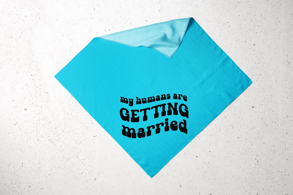 Personalized My Humans are Getting Married Retro Engagement Announcement Bandana in Turquoise Bright Blue