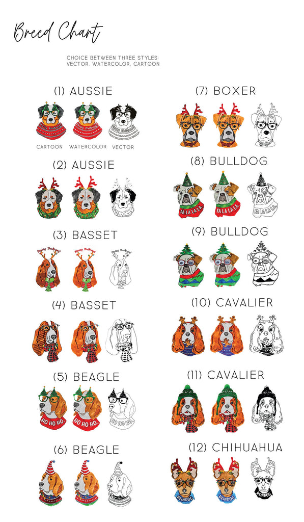 Barkley & Wagz Breed Chart for Christmas - Aussie, Basset, Beagle, Boxer, Bulldog, Cavalier, Chihuahua