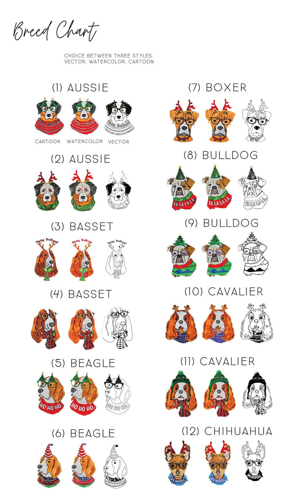Barkley & Wagz Breed Chart Christmas - Aussie, Basset, Beagle, Boxer, Bulldog, Cavalier, Chihuahua
