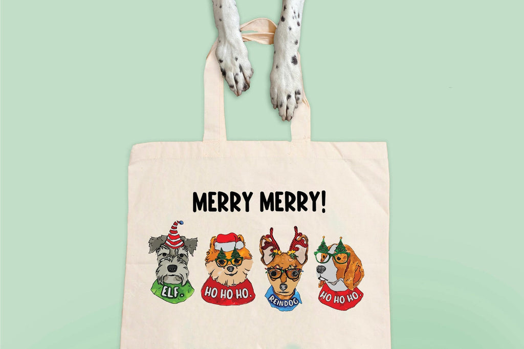 Pick Your Breeds Custom Wording Christmas Dog Tote - Merry Merry! - Schnauzer, Pomeranian, Chihuahua, Beagle