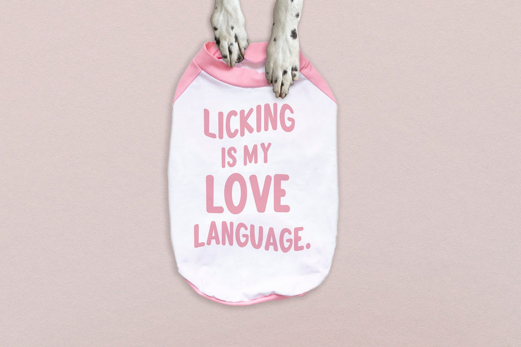 Custom Licking is My Love Language Dog Raglan T-Shirt in Pink and White
