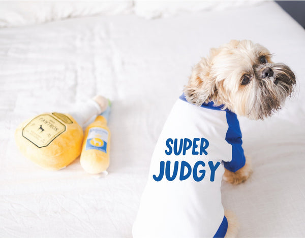 Super Judgy Dog Raglan T-Shirt in Blue and White
